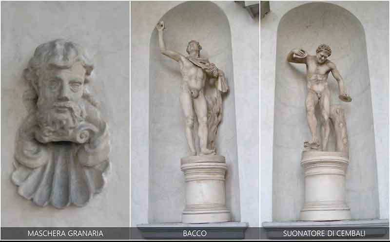Statues of Bacchus, a cymbal player, and a stone mask