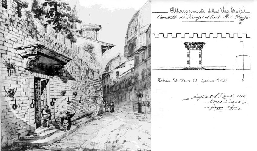 Disegno di Emilio Burci, 1840, del muro di cinta del giardino dei Pazzi e disegno di progetto depositato in Comune relativo allo spostamento del muro di cinta del giardino dei Pazzi per l'allargamento di via Buia, poi via dell'Oriuolo