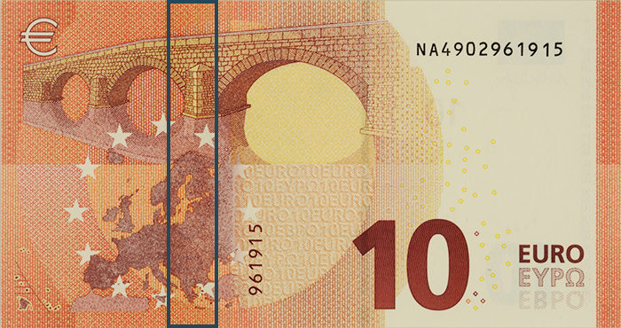 Retro di una banconota da 10€ con evidenziata la striscia iridescente