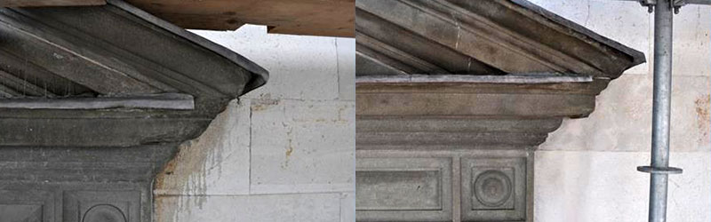 Limestone facing before and after restoration.