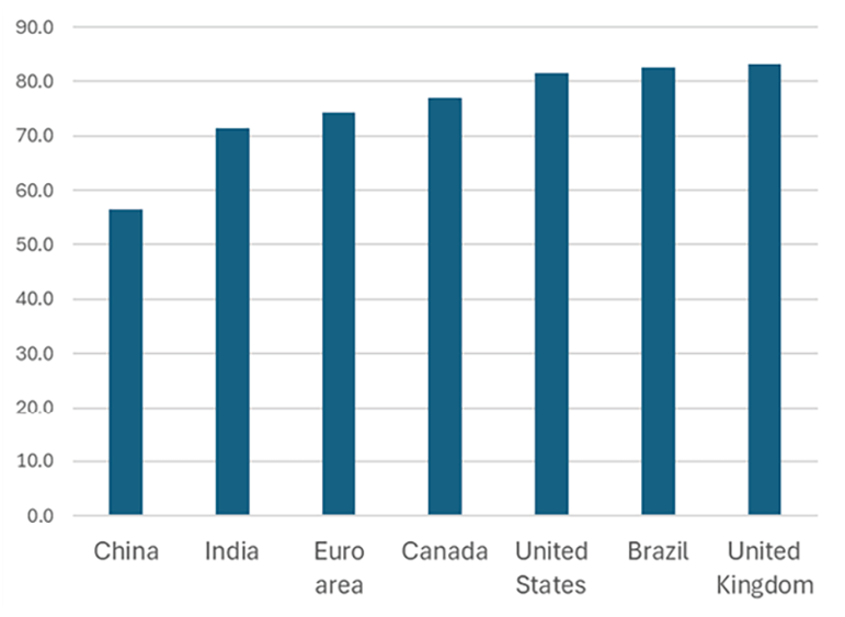 The chart shows, for the world's seven largest economies, the share of consumption (private and public) as a percentage of GDP