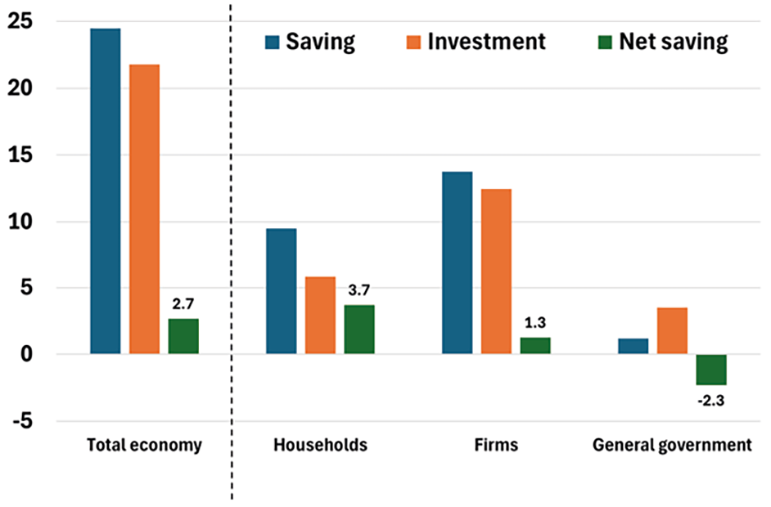 The chart shows, for the euro area economy, a breakdown of saving and investment and the corresponding net saving by institutional sector (households, firms, and the general government), expressed as a share of GDP in 2024, the latest available data