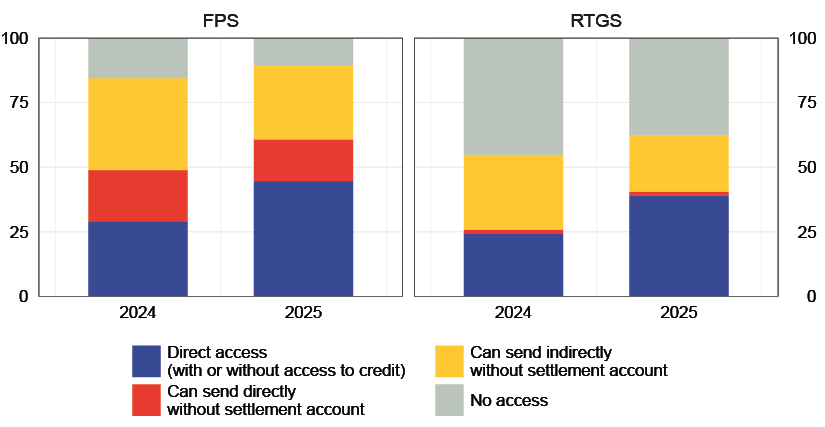 The figure shows access by non-bank payment service providers to fast payment systems and real-time gross settlement systems, broken down by type of access over the period 2024–2025.