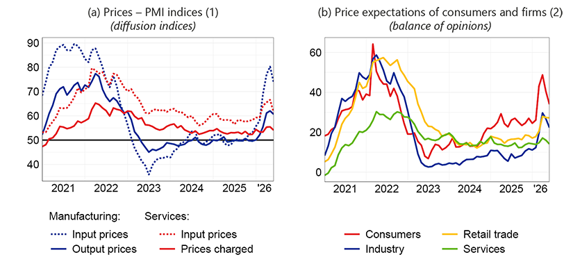 The chart reports indicators of input cost pressures, selling price expectations across different sectors, and consumers' expectations for consumer prices in the euro area